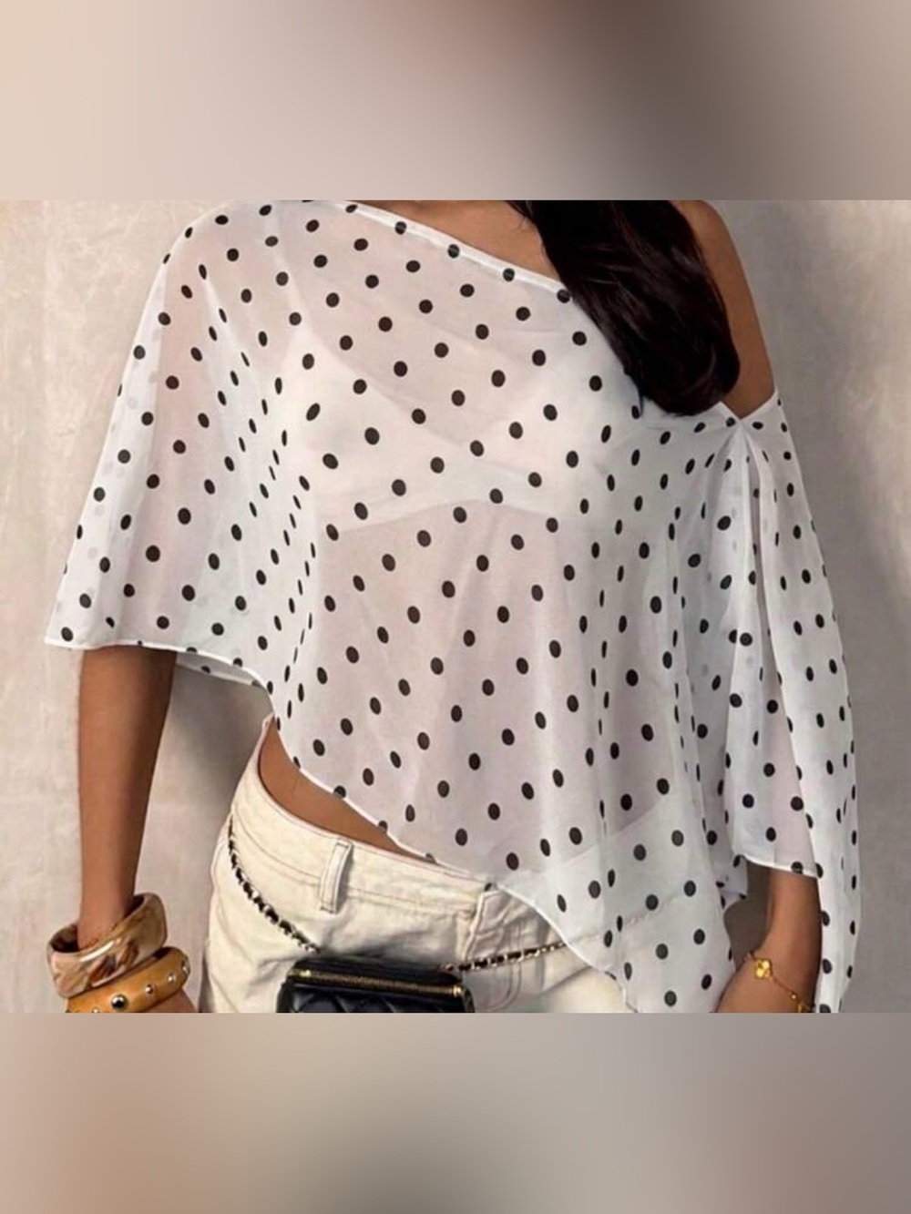 SHEIN White Off-Shoulder Polka Dot Blouse